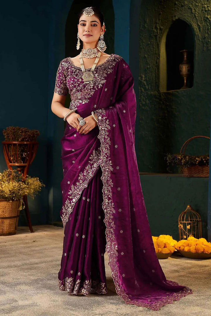 Embroidered Work On Wine Color Amazing Satin Saree