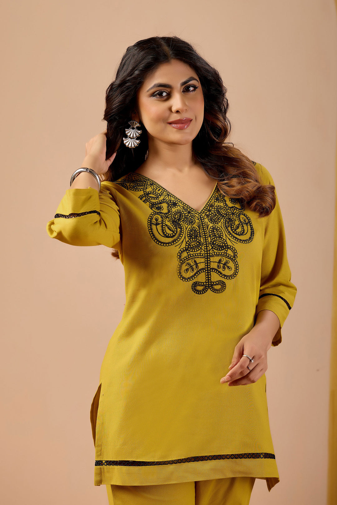 Tempting Cotton Fabric Mustard Color Co-Ord Set | Buy Online India