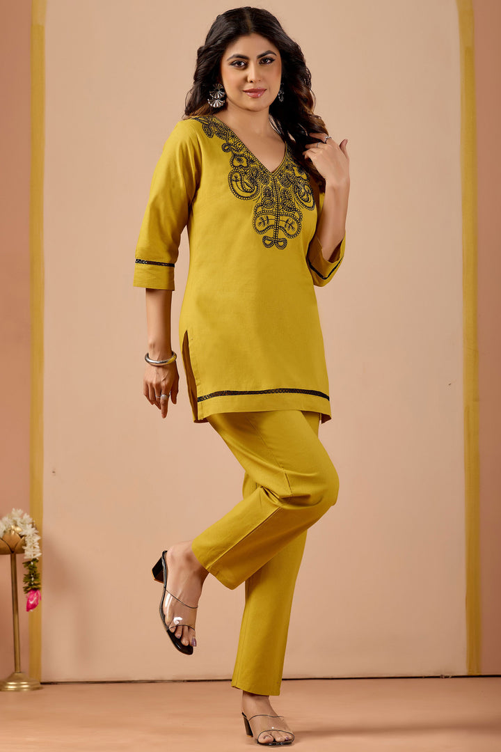 Tempting Cotton Fabric Mustard Color Co-Ord Set | Buy Online India