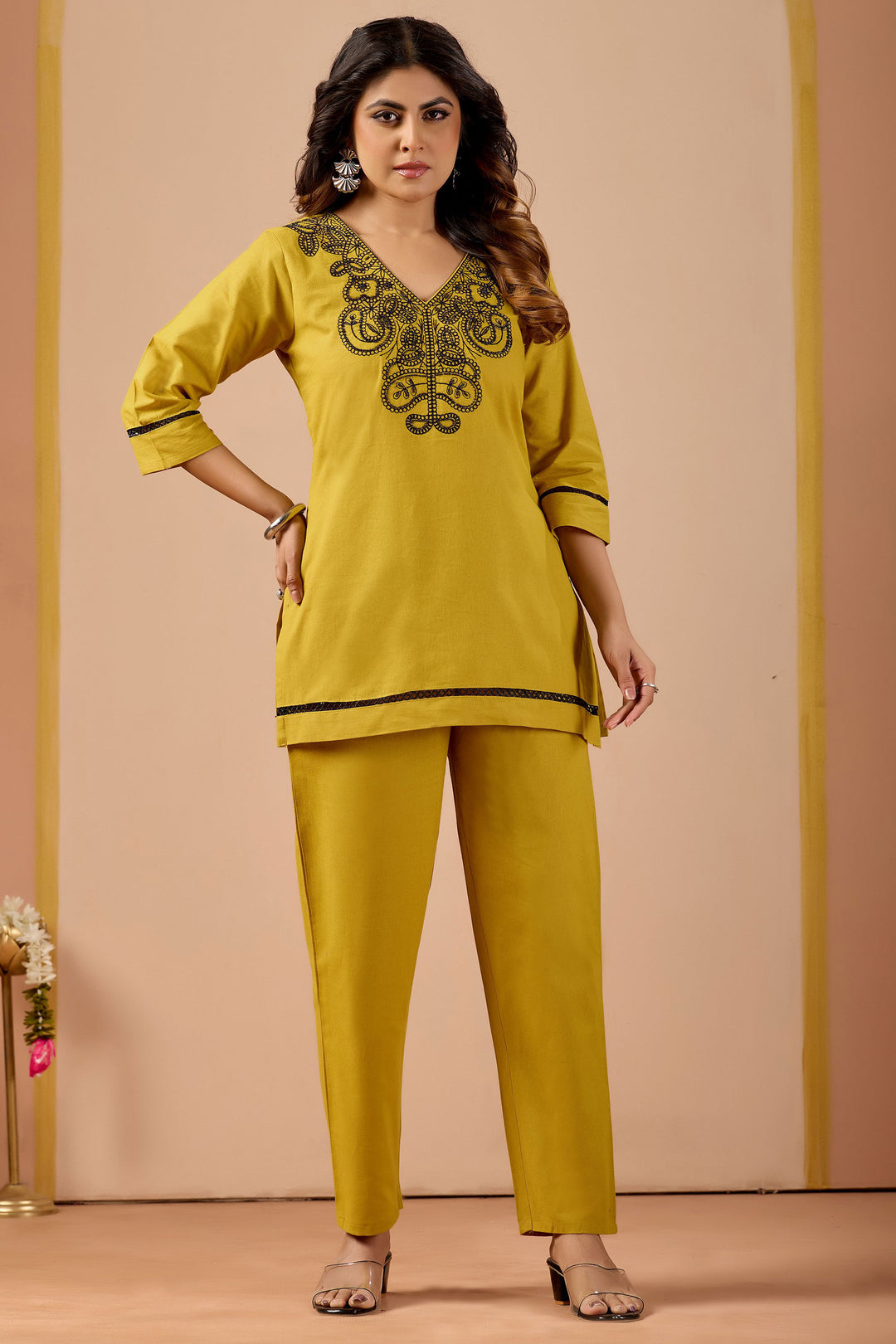 Tempting Cotton Fabric Mustard Color Co-Ord Set | Buy Online India