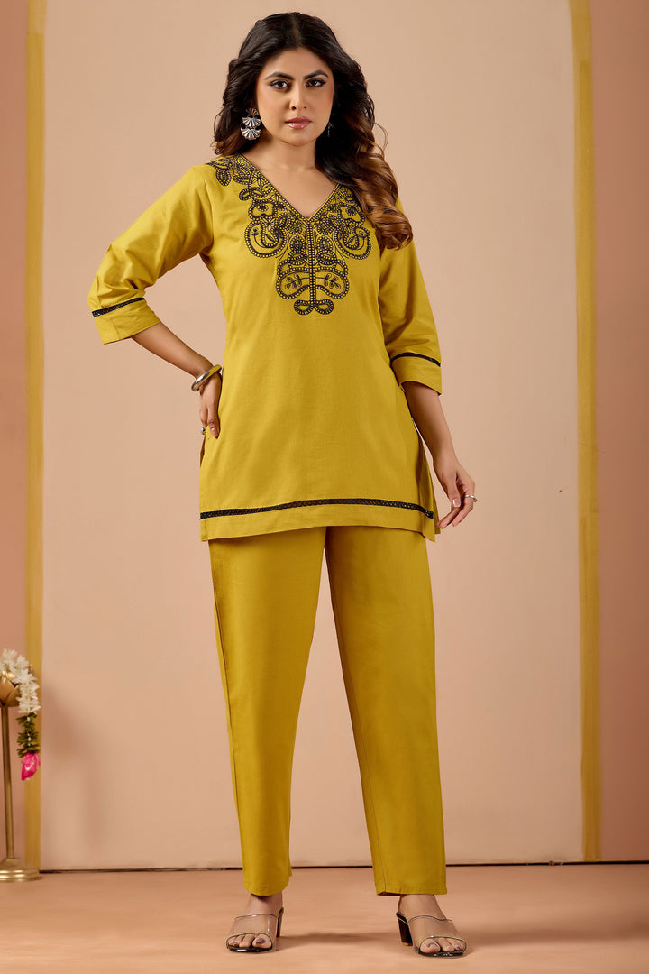Tempting Cotton Fabric Mustard Color Co-Ord Set | Buy Online India