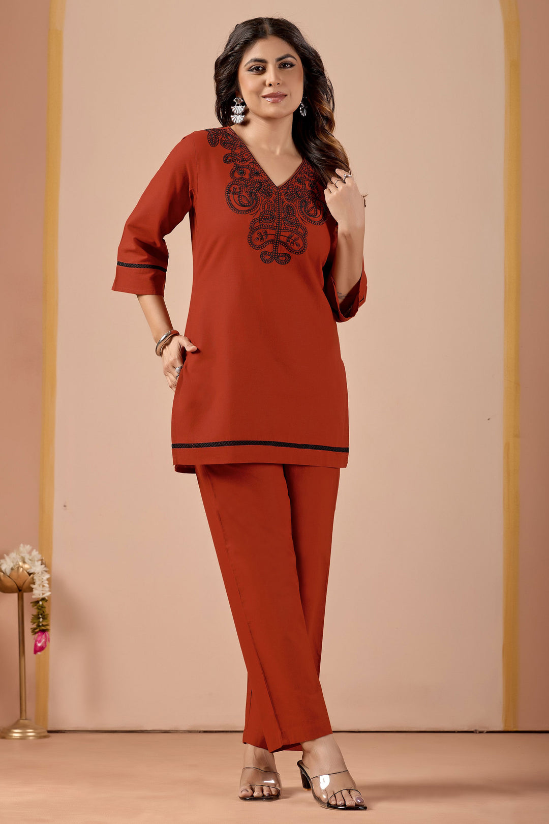 Engaging Orange Color Cotton Fabric Co-Ord Set | Buy Online India