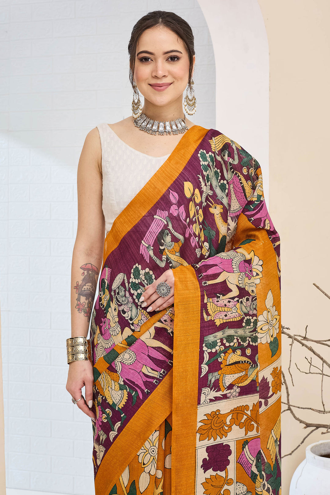 Orange Color Printed Work Stunning Silk Saree