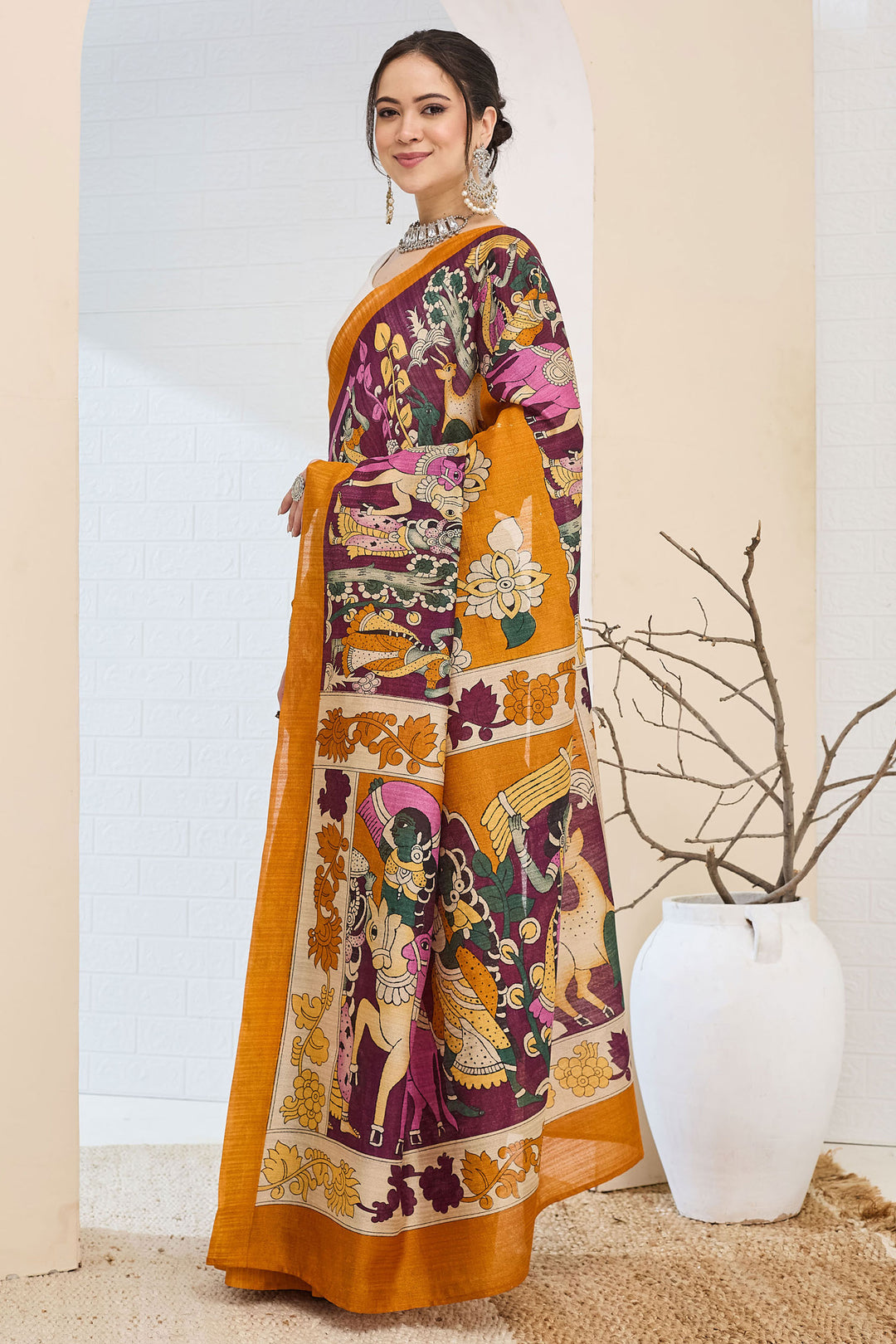 Orange Color Printed Work Stunning Silk Saree