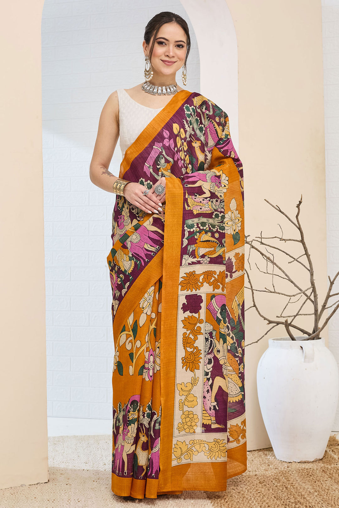 Orange Color Printed Work Stunning Silk Saree