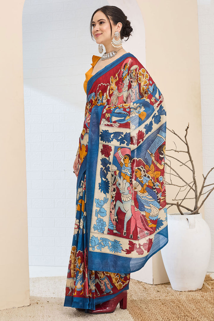 Tempting Blue Color Silk Saree With Printed Work