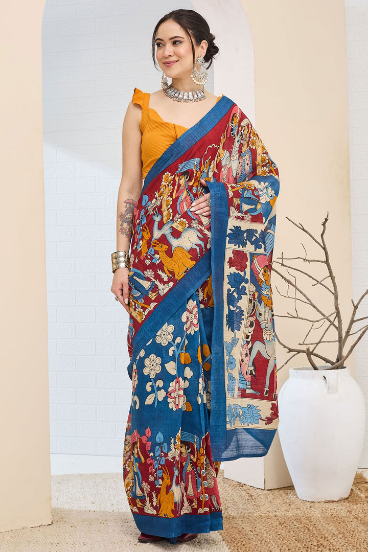 Tempting Blue Color Silk Saree With Printed Work