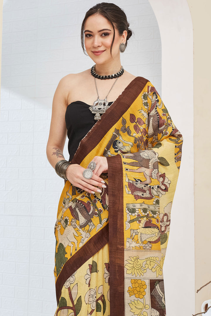 Engaging Brown Color Silk Saree With Printed Work