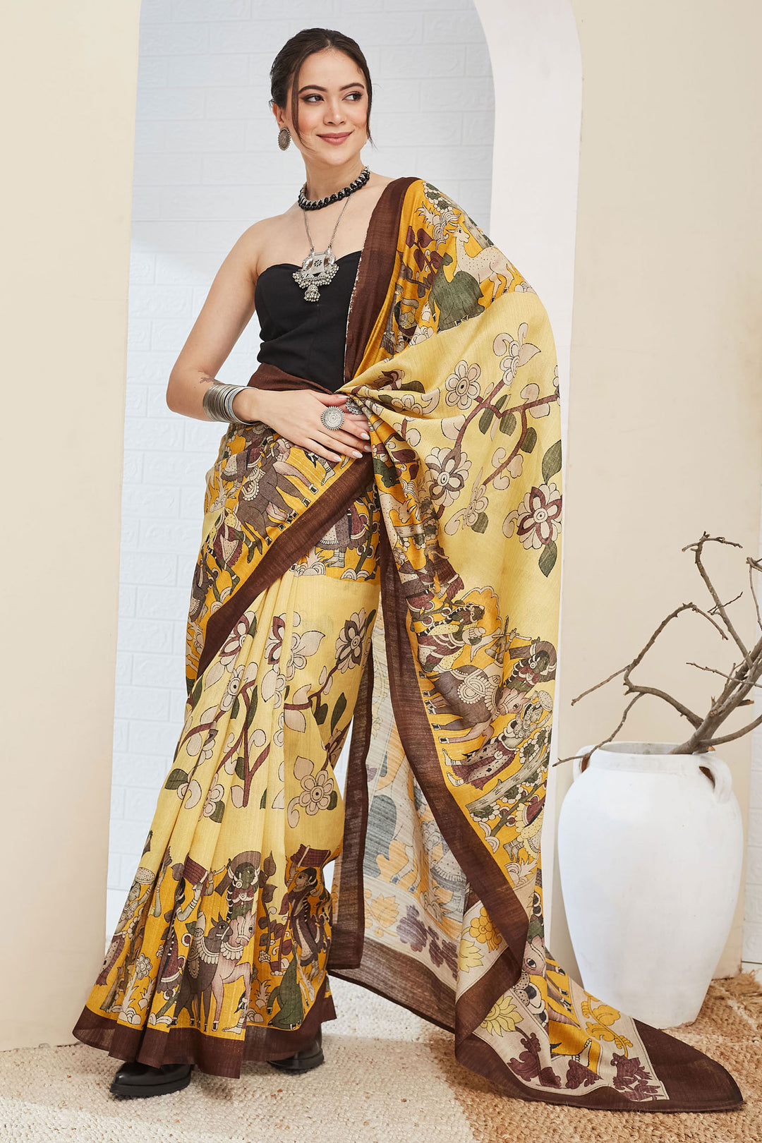Engaging Brown Color Silk Saree With Printed Work