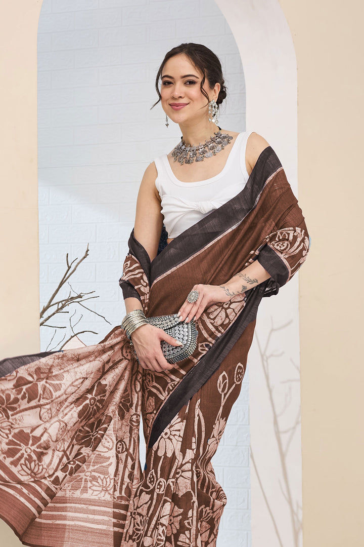 Trendy Brown Color Silk Saree With Printed Work