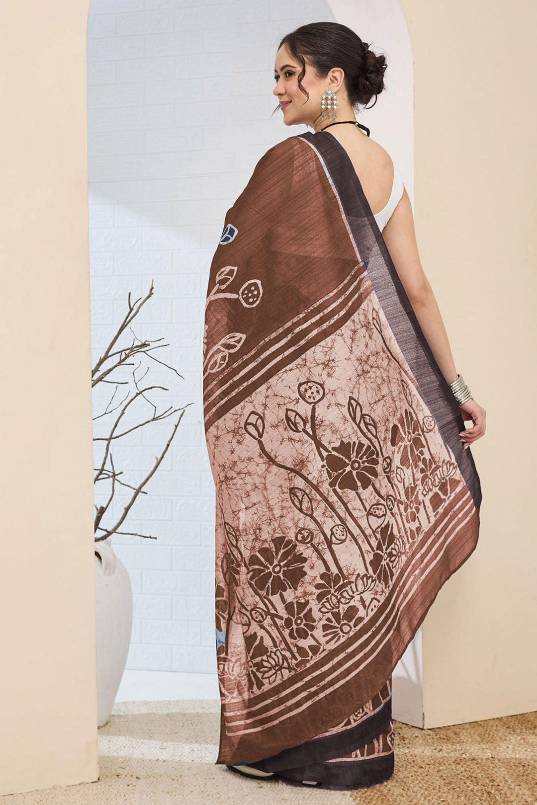 Trendy Brown Color Silk Saree With Printed Work