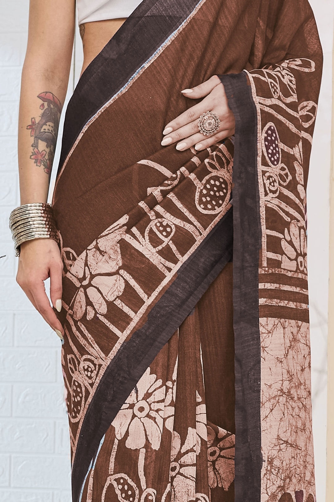 Trendy Brown Color Silk Saree With Printed Work