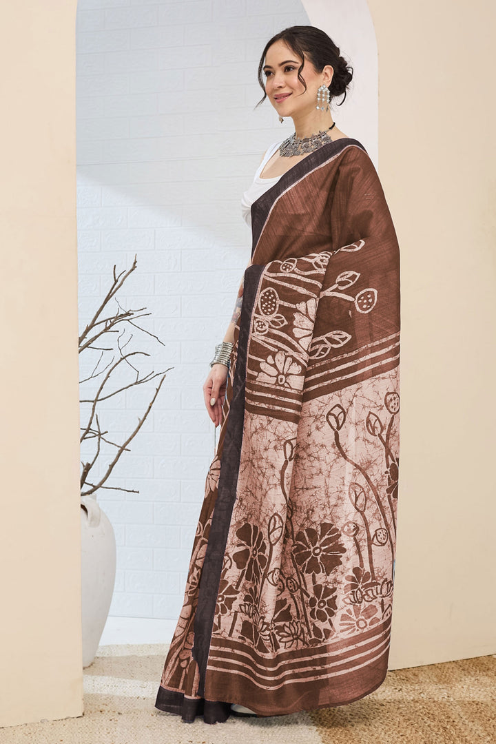 Trendy Brown Color Silk Saree With Printed Work