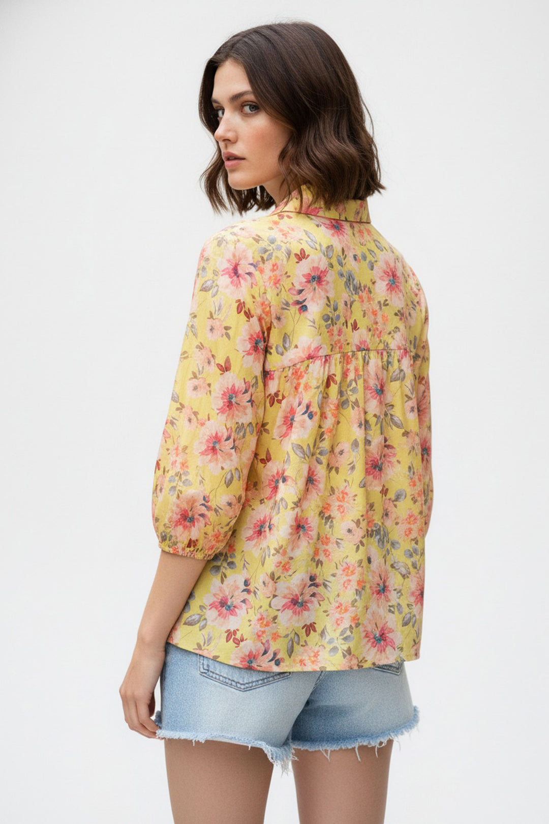 Yellow Color Sober Readymade Short Printed Top