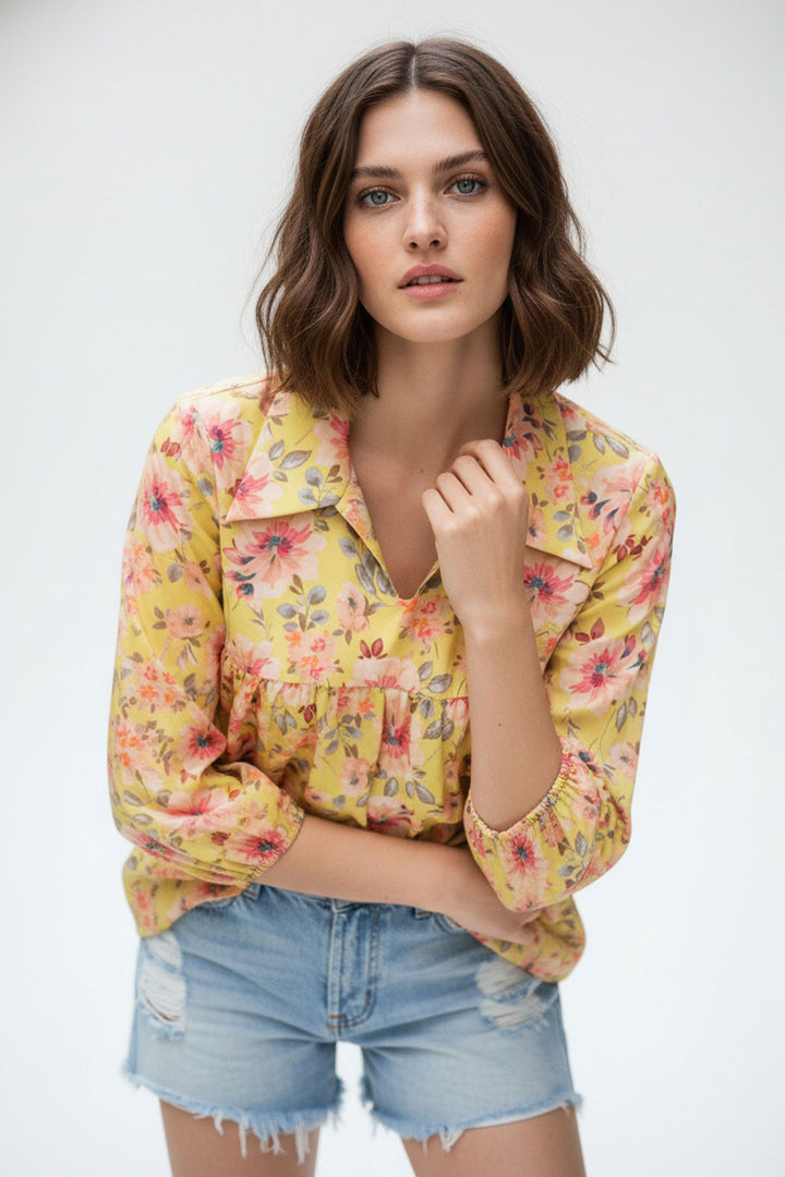 Yellow Color Sober Readymade Short Printed Top