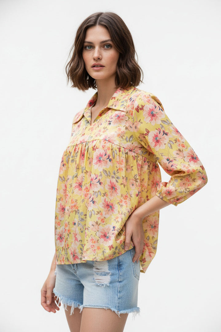 Yellow Color Sober Readymade Short Printed Top