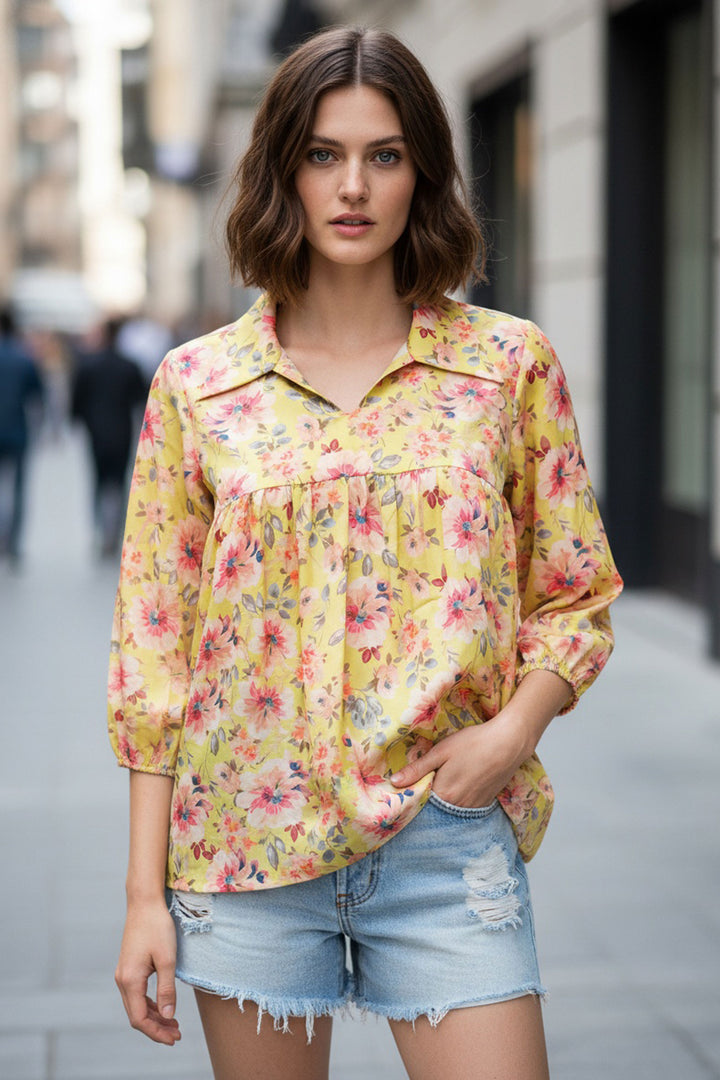 Yellow Color Sober Readymade Short Printed Top