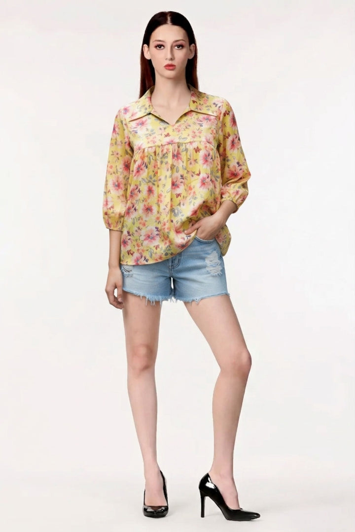 Yellow Color Sober Readymade Short Printed Top | Buy Online India