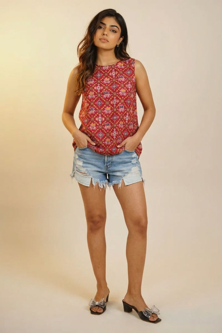 Beguiling Red Color Readymade Short Printed Top | Buy Online India