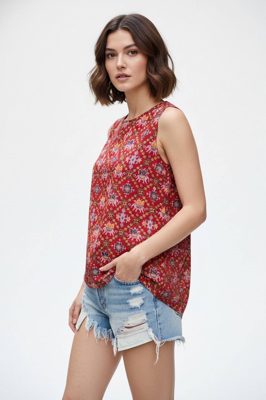 Beguiling Red Color Readymade Short Printed Top