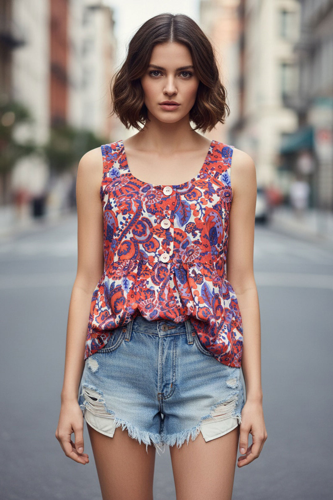 Engaging Orange Color Readymade Short Printed Top