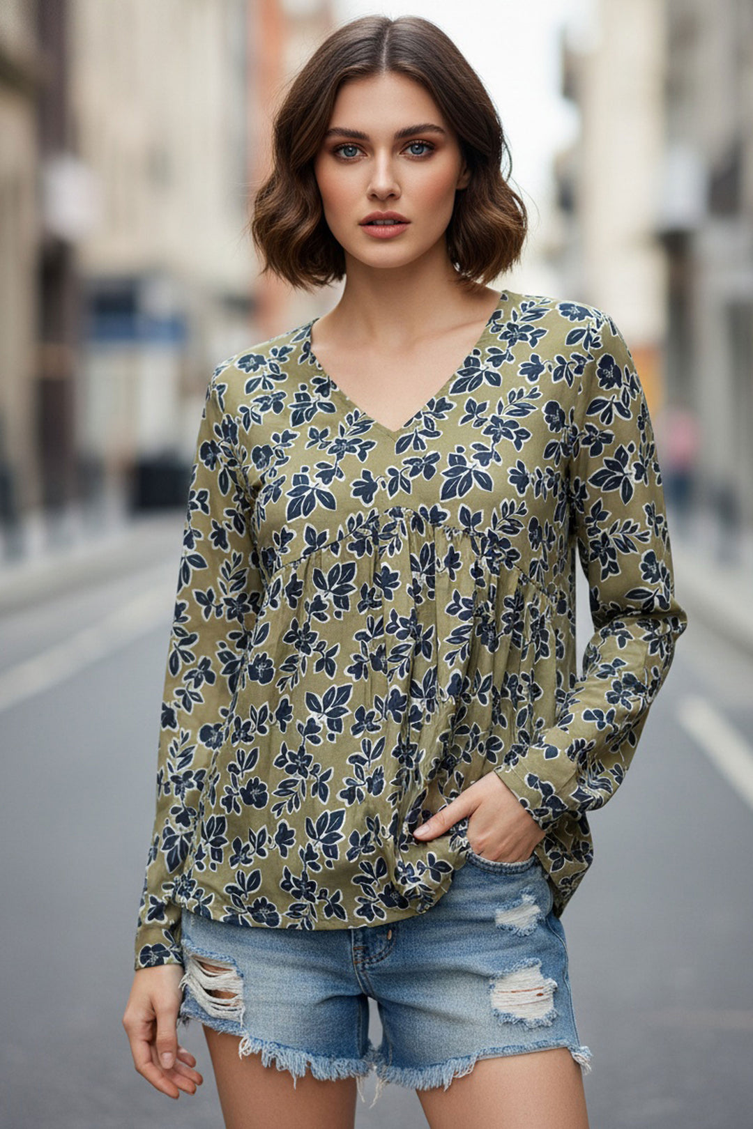 Soothing Green Color Readymade Short Printed Top