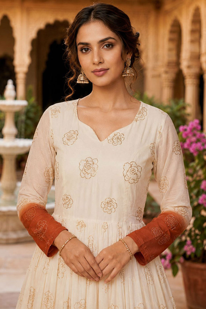 Trendy Orange Color Readymade Sequine Embroidered Gown