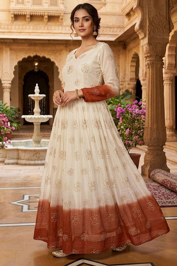 Trendy Orange Color Readymade Sequine Embroidered Gown