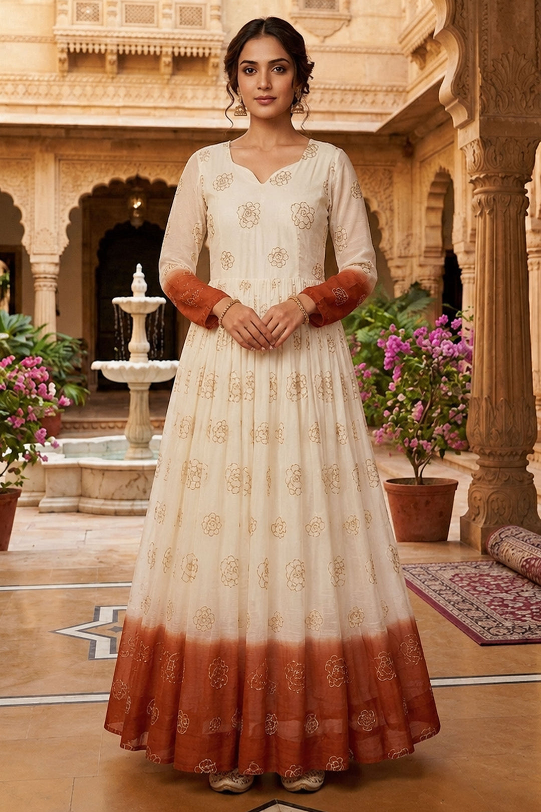 Trendy Orange Color Readymade Sequine Embroidered Gown