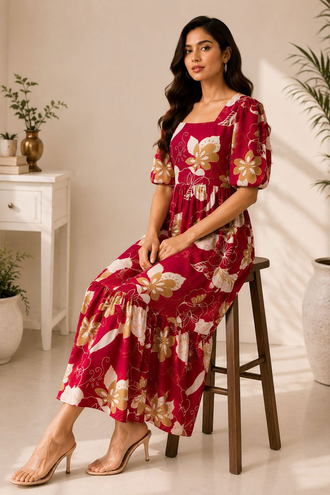 Red Delicate Readymade Cotton Long Kurti