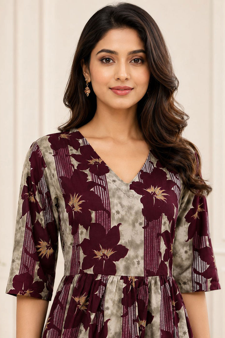 Wine Color Rayon Attractive Readymade Long Kurti