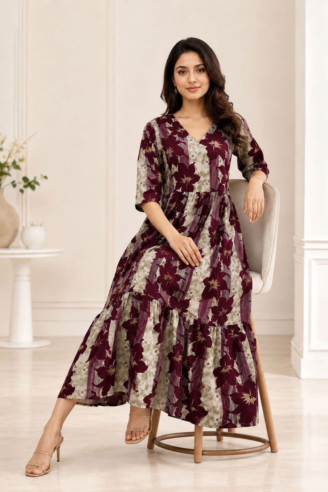 Wine Color Rayon Attractive Readymade Long Kurti