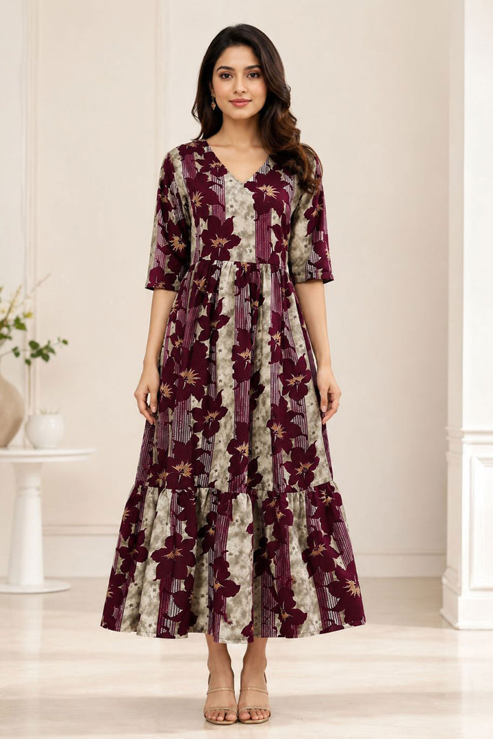 Wine Color Rayon Attractive Readymade Long Kurti