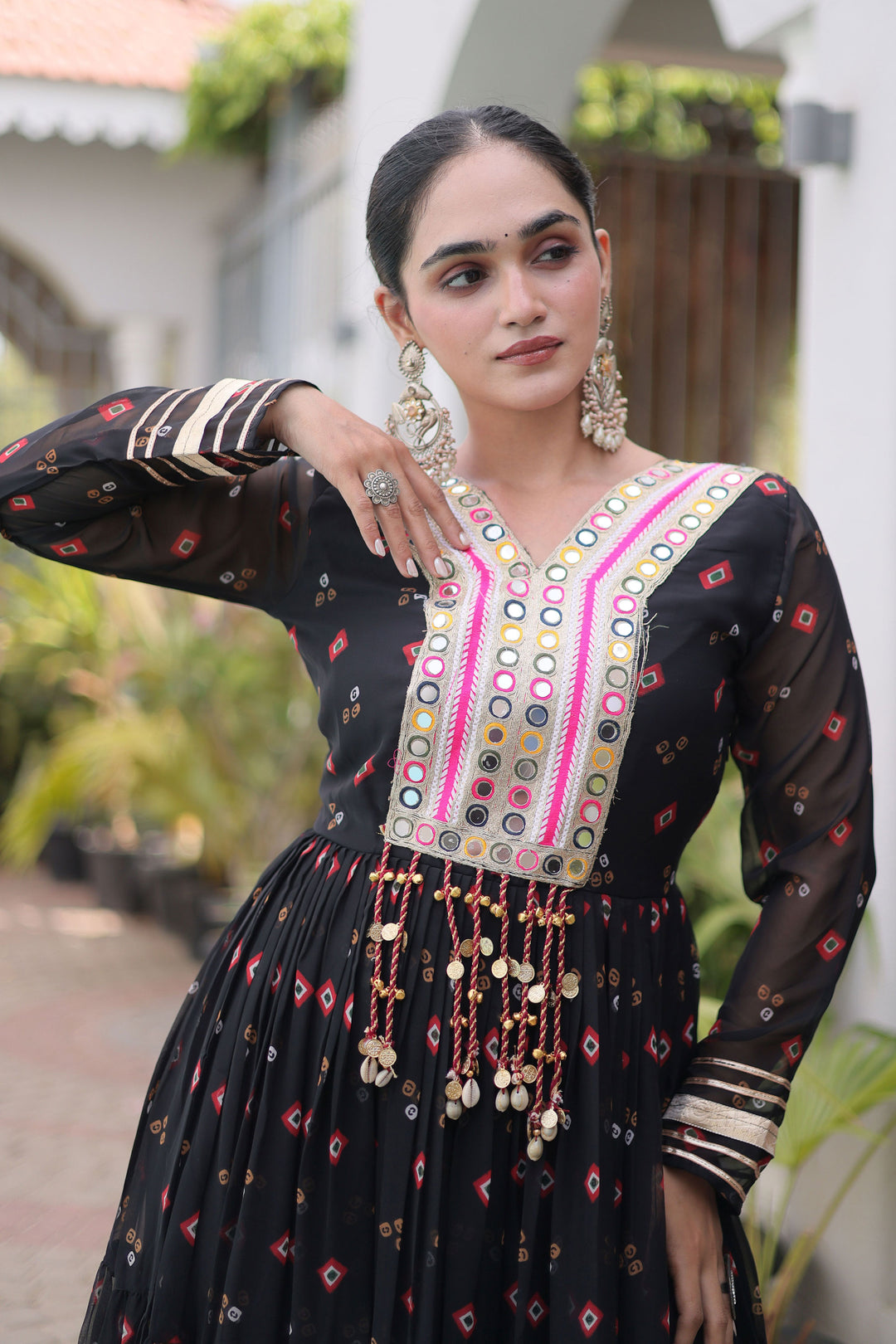 Black Georgette Laheriya Printed Readymade Gown