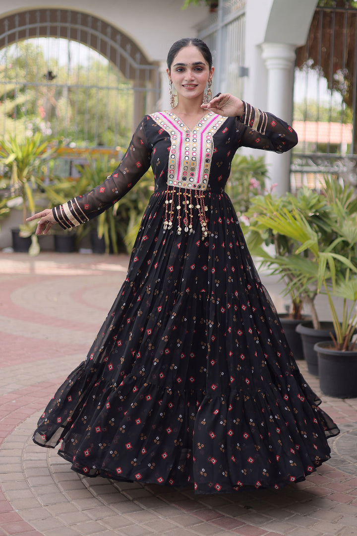 Black Georgette Laheriya Printed Readymade Gown