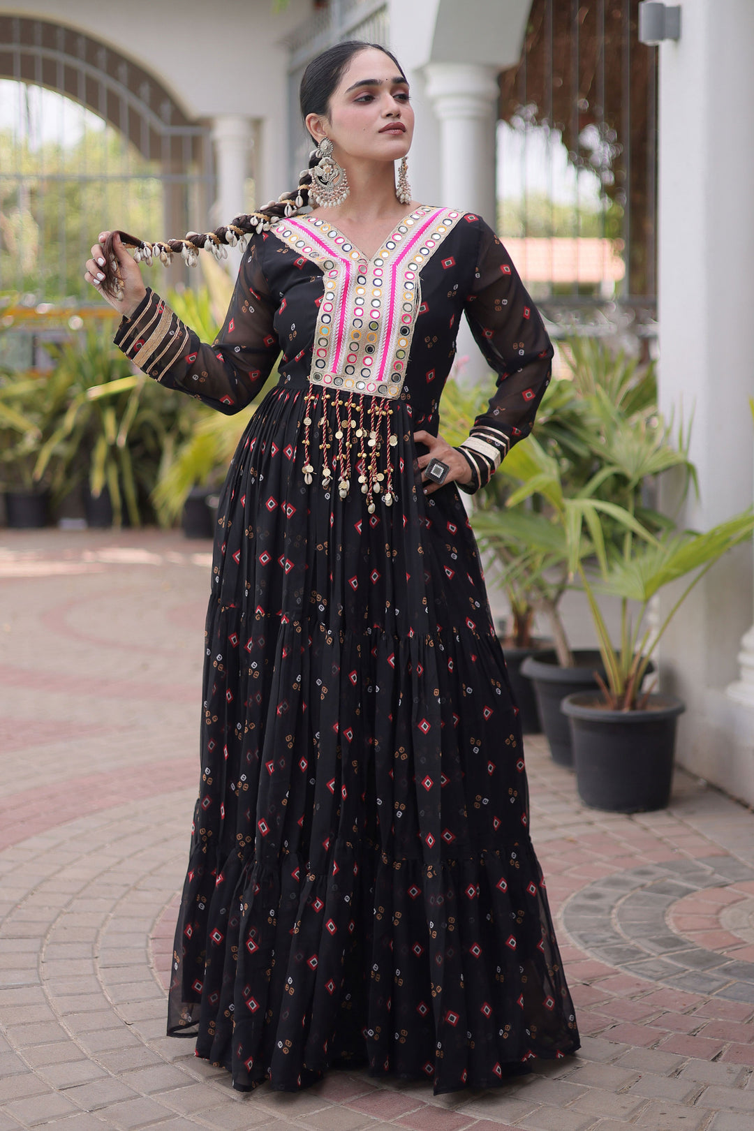Black Georgette Laheriya Printed Readymade Gown