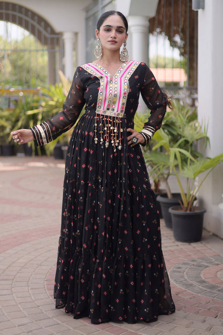 Black Georgette Laheriya Printed Readymade Gown