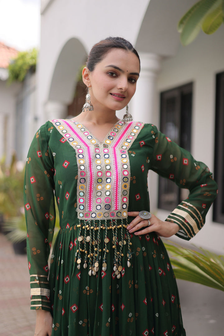 Georgette Readymade Kutchi Patch Work Dark Green Gown