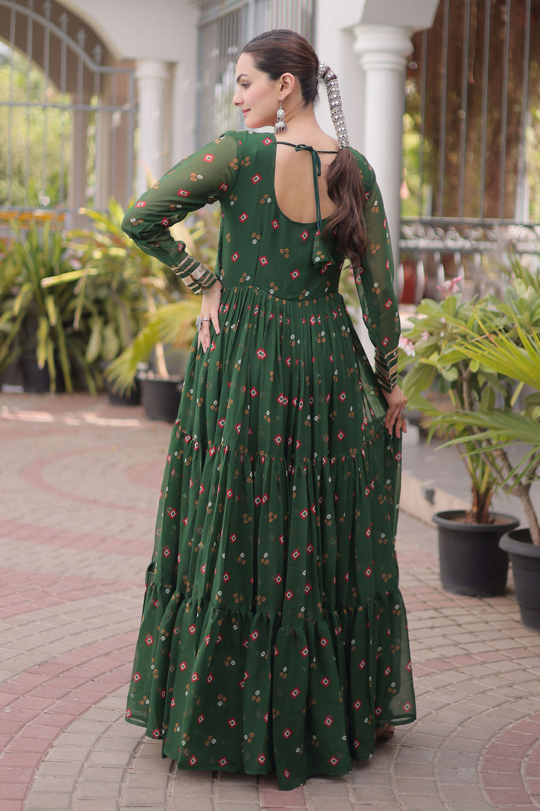 Georgette Readymade Kutchi Patch Work Dark Green Gown