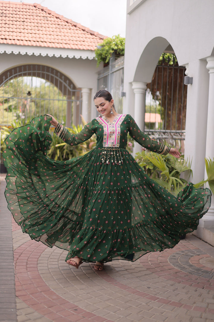 Georgette Readymade Kutchi Patch Work Dark Green Gown