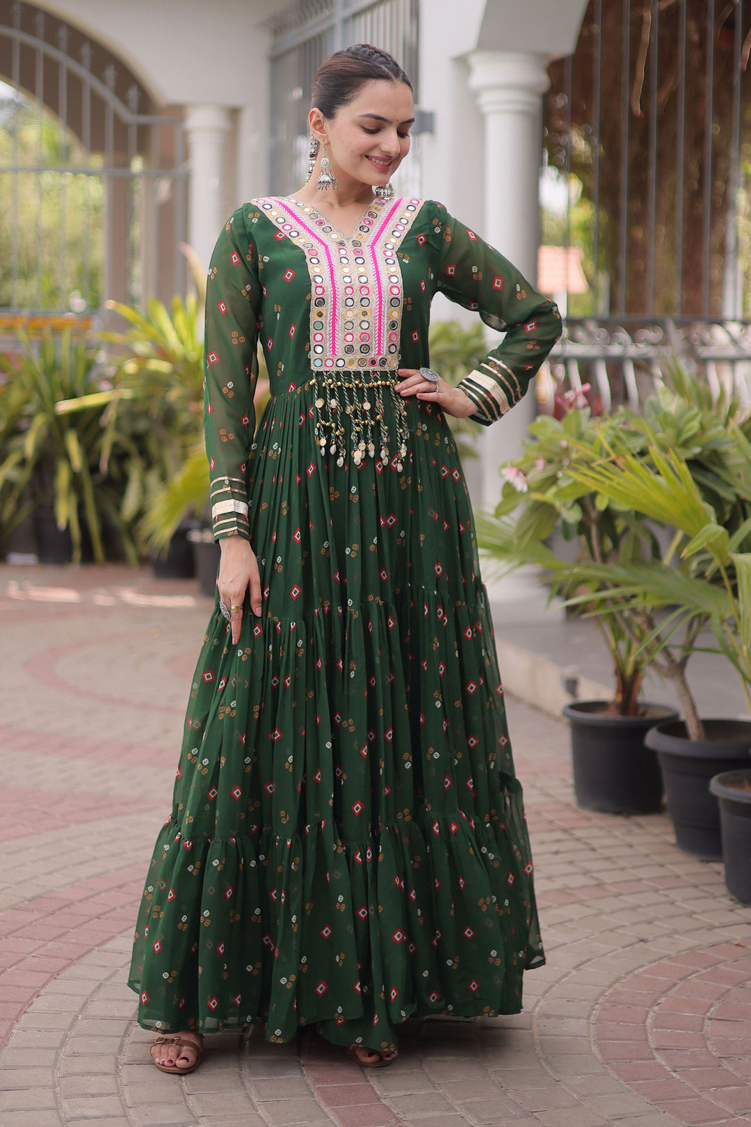 Georgette Readymade Kutchi Patch Work Dark Green Gown