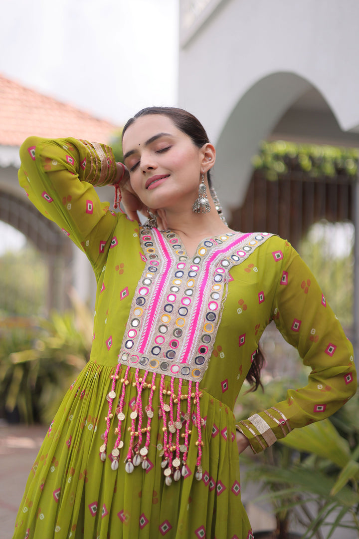Georgette Laheriya Printed Readymade Gown In Green Color