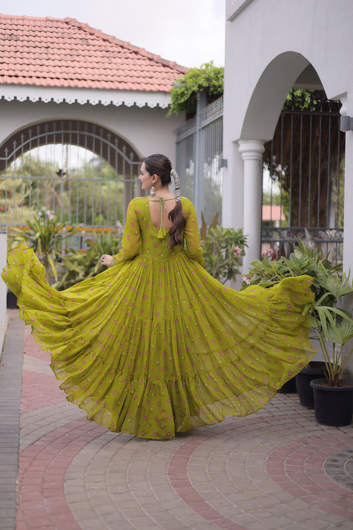 Georgette Laheriya Printed Readymade Gown In Green Color