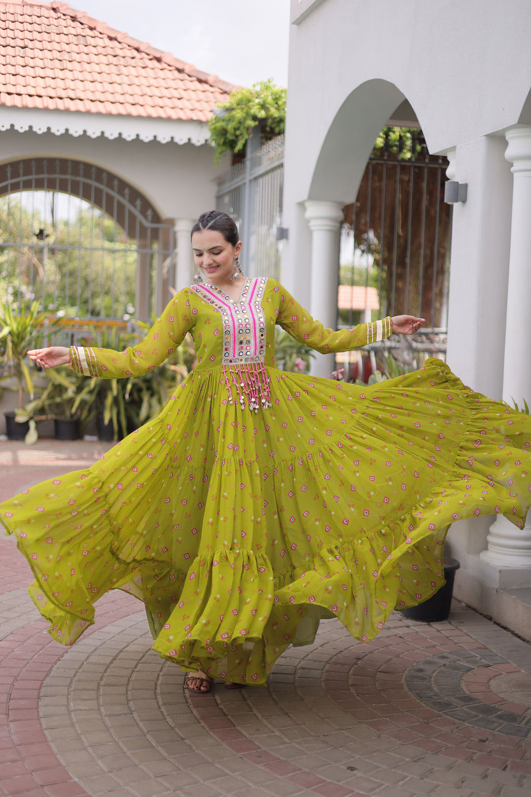 Georgette Laheriya Printed Readymade Gown In Green Color