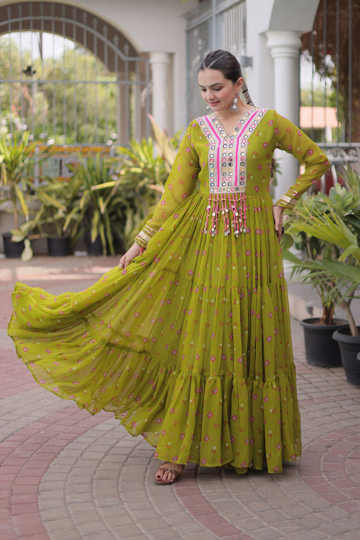 Georgette Laheriya Printed Readymade Gown In Green Color