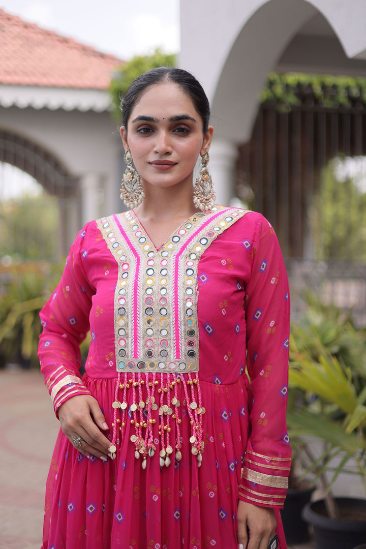 Georgette Pink Readymade Kutchi Patch Work Gown