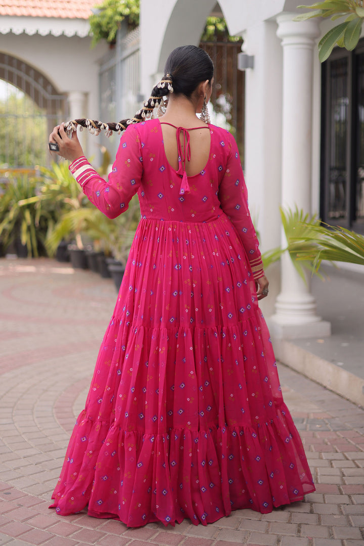 Georgette Pink Readymade Kutchi Patch Work Gown