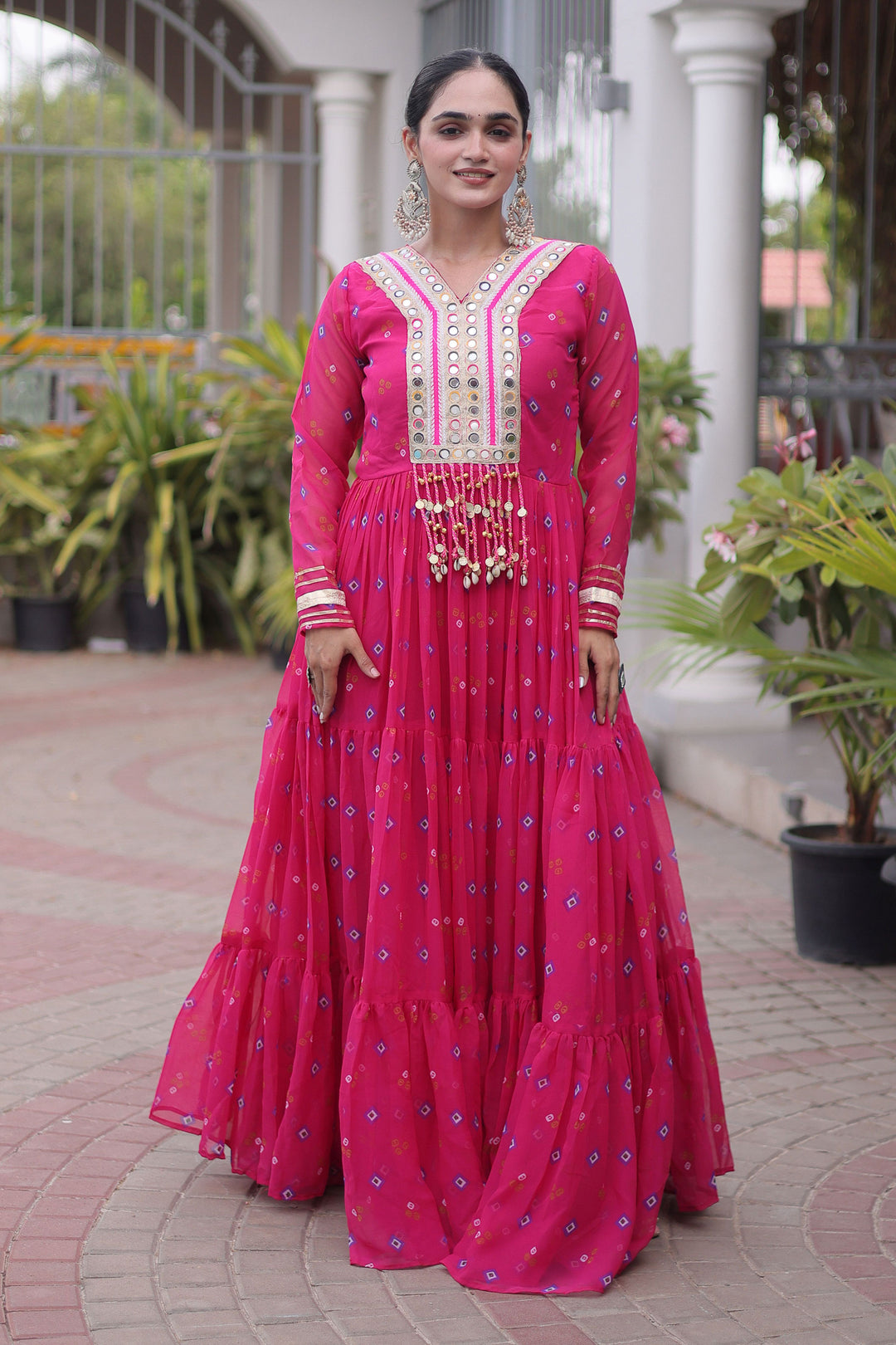 Georgette Pink Readymade Kutchi Patch Work Gown