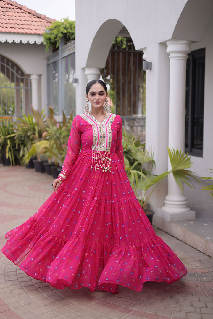 Georgette Pink Readymade Kutchi Patch Work Gown