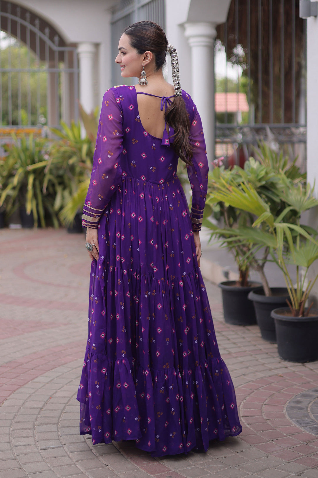 Purple Georgette Readymade Laheriya Printed Gown
